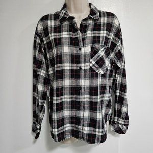 Vans Size S Black White 100% Cotton Plaid‎ Flannel Button-Front Blouse w/ Pocket